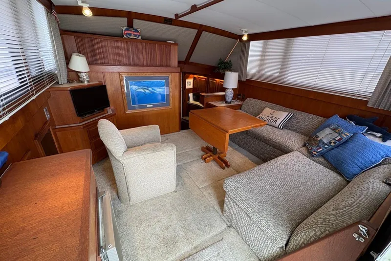 Slide: The Image of Cockpit of 1988 Viking 41 Convertible yacht with steering wheel and navigation equipment. - 15