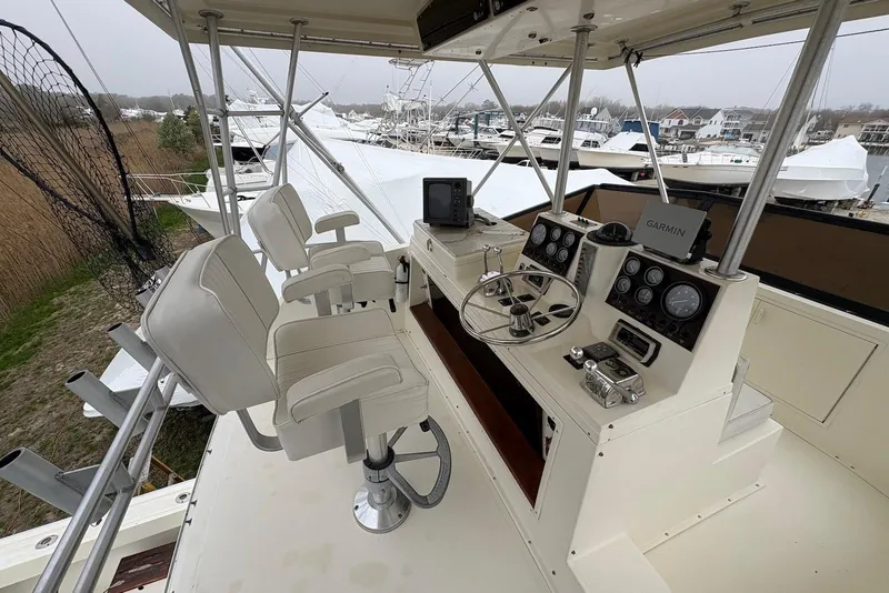 Slide: The Image of 1988 Viking 41 Convertible yacht on land, flanked by other boats, overcast sky. - 8