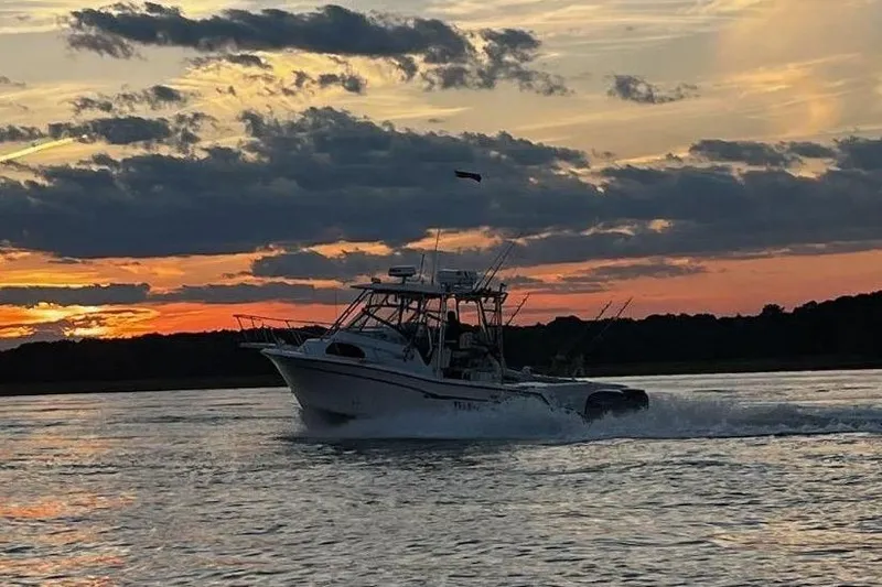 The Image of 1999 Grady-White Marlin 300 boat cruising at sunset on a tranquil waterway. - 0