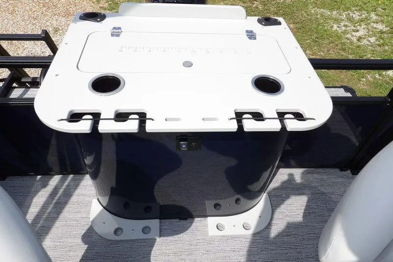 Slide: The Image of Fishing station on 2026 Sylvan R-20 PARTY FISH boat with rod holders and cup holders. - 24