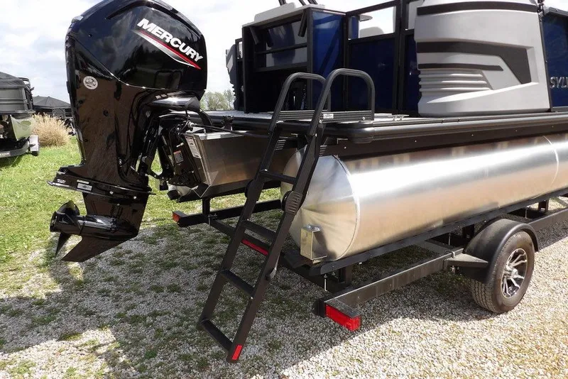 Slide: The Image of 2026 Sylvan R-20 PARTY FISH pontoon boat with Mercury outboard motor on trailer. - 29