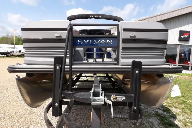 Slide: The Image of 2026 Sylvan R-20 PARTY FISH pontoon boat on trailer, outdoor display. - 3
