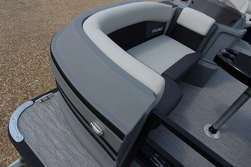 Slide: The Image of 2026 Sylvan R-20 PARTY FISH boat interior with gray seating and sleek design. - 6