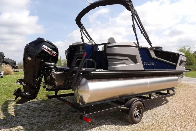 Slide: The Image of 2026 Sylvan R-20 PARTY FISH pontoon boat with Mercury outboard motor on trailer. - 8