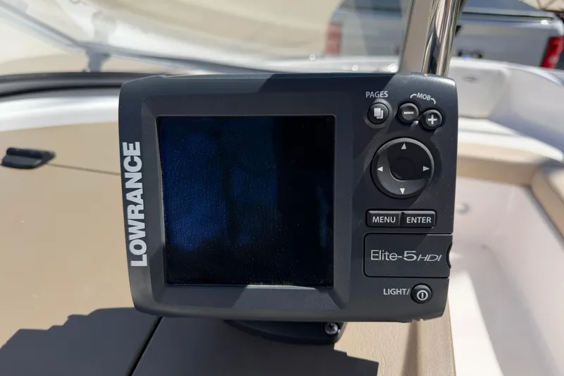 Slide: The Image of Lowrance Elite-5 HDI fishfinder on 2013 Regal 1900 Bowrider boat dashboard. - 16