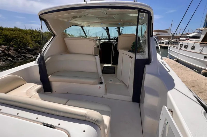 Slide: The Image of 2008 Tiara Yachts 3500 Sovran interior view, featuring spacious seating and elegant design. - 10