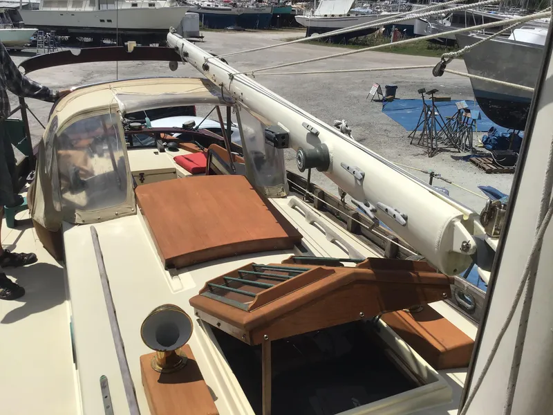 Slide: The Image of Bristol Channel Cutter 28 sailboat, 2006 model, in a dry dock. - 12