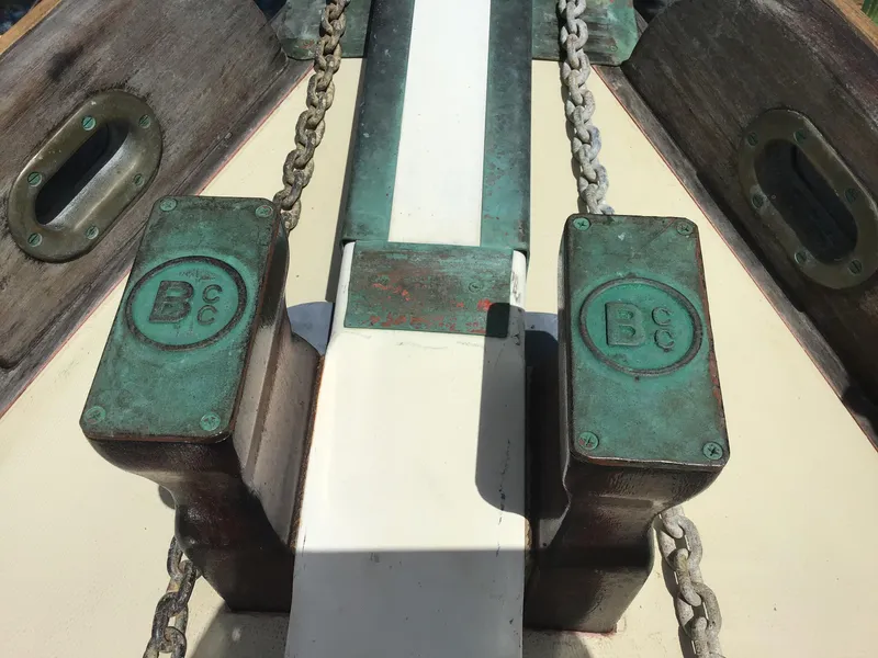 Slide: The Image of Bristol Channel Cutter 28, 2006, deck details with chains and metal fittings. - 16