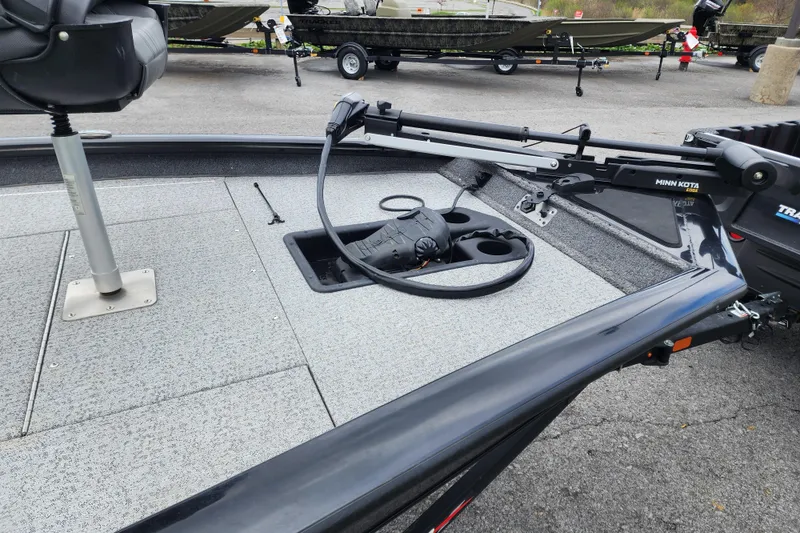 Slide: The Image of 2024 Tracker Pro Team 175 TXW boat deck with Minn Kota trolling motor. - 2