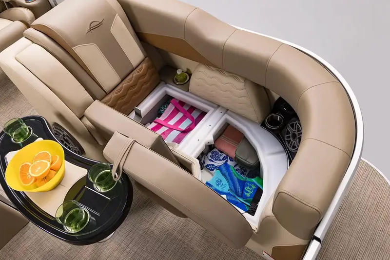 Slide: The Image of Luxurious seating and storage on 2026 SunCatcher Elite 322SR boat, featuring refreshments and accessories. - 4