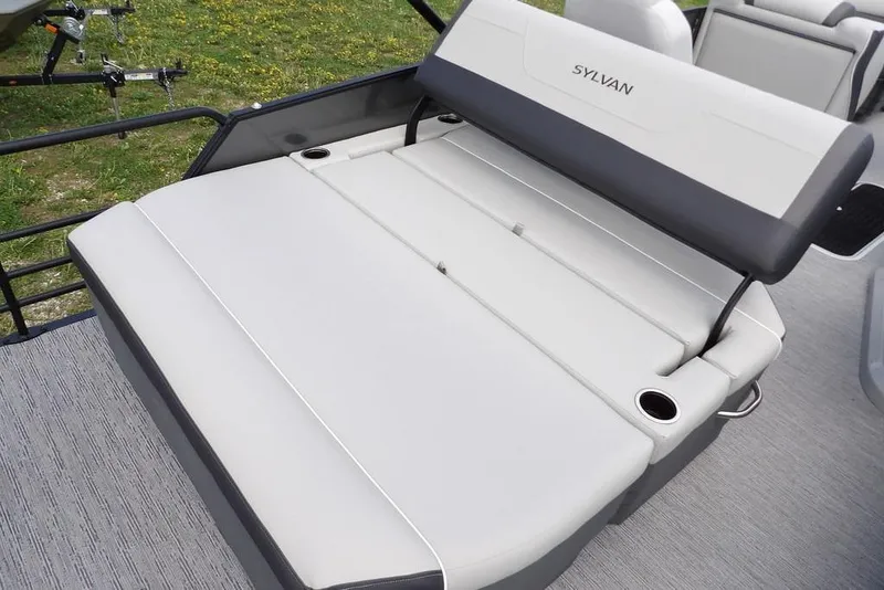 Slide: The Image of 2026 Sylvan X3 CLZ DH boat seating with cup holders, gray upholstery. - 30