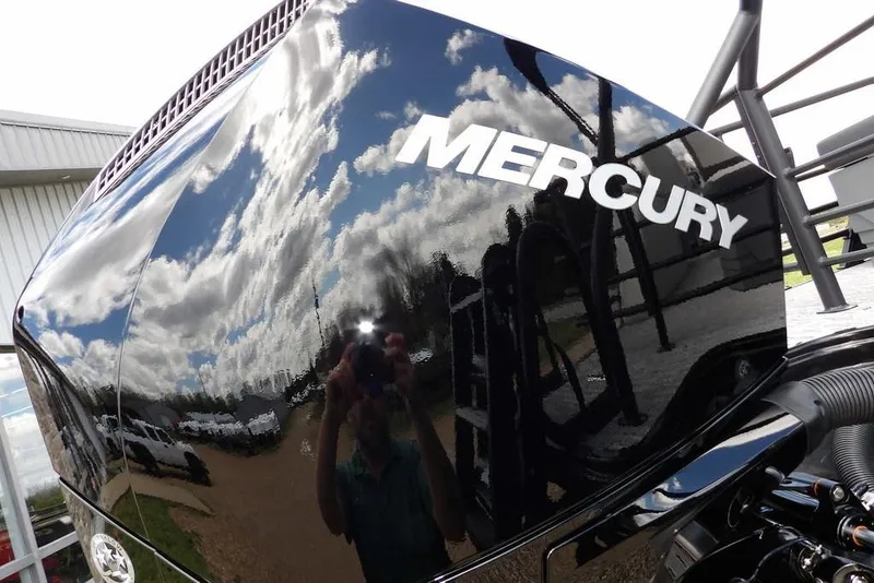Slide: The Image of Reflective Mercury engine cover on 2026 Sylvan X3 CLZ DH boat. - 39