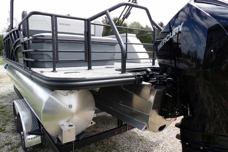 Slide: The Image of 2026 Sylvan X3 CLZ DH pontoon boat with Mercury outboard motor on trailer. - 45