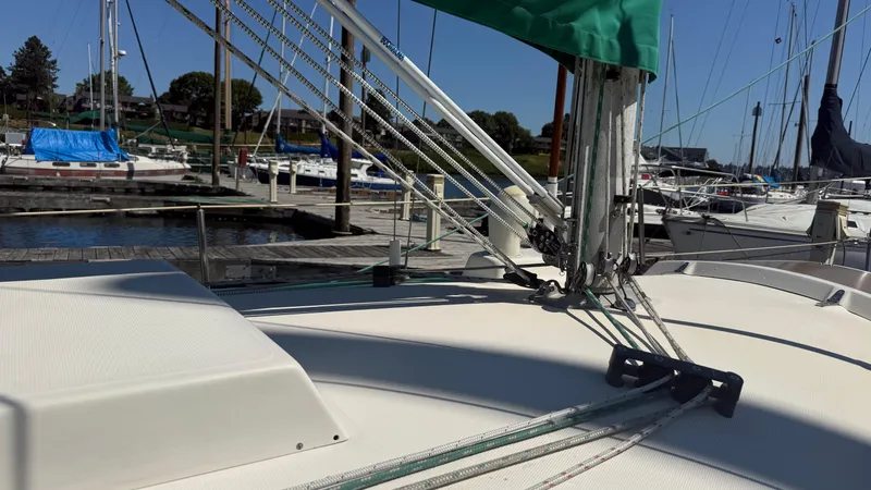 Slide: The Image of 1981 Sabre 28 sailboat deck with rigging at marina. - 35