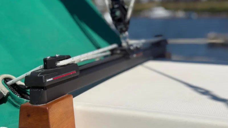 Slide: The Image of Close-up of a 1981 Sabre 28 sailboat deck with Harken hardware. - 36