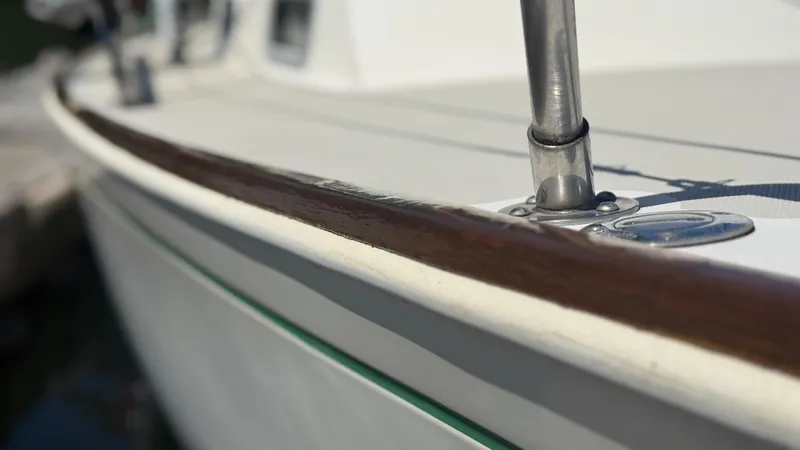 Slide: The Image of Close-up of 1981 Sabre 28 sailboat railing and deck details. - 40
