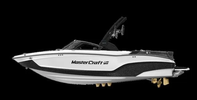 Slide: The Image of 2026 MasterCraft XT22 boat, side view, black and white design. - 33