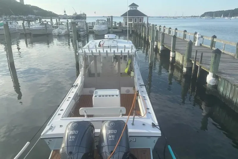 Slide: The Image of 2023 Steiger Craft 31 Fisherman docked at a marina with twin engines. - 5