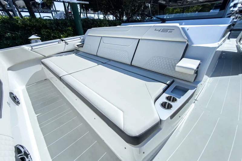Slide: The Image of Luxurious seating in the 2026 Aquila 45 Sport boat. - 23