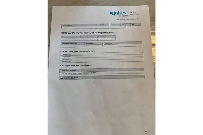 Slide: The Image of Document showing diagnostic report for Mercury 150 OptiMax Pro XS engine, dated 7/1/2023. - 8