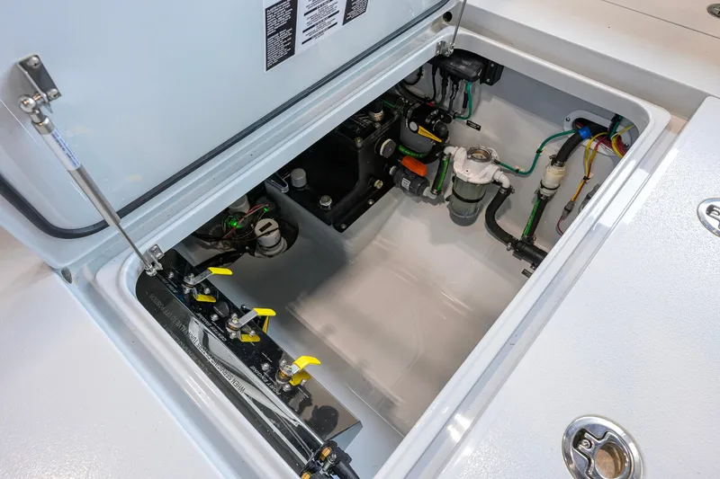 Slide: The Image of 2026 Valhalla Boatworks V-37 engine compartment showcasing mechanical components and wiring. - 45