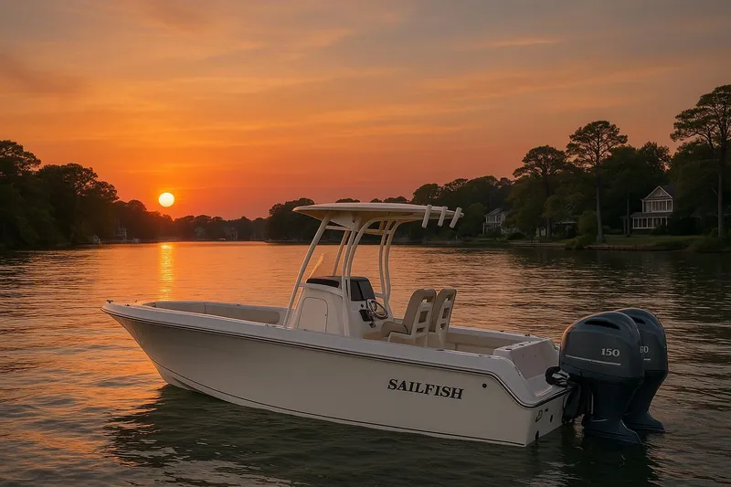 The Image of 2024 Sailfish 242 CC boat on serene water at sunset. - 1
