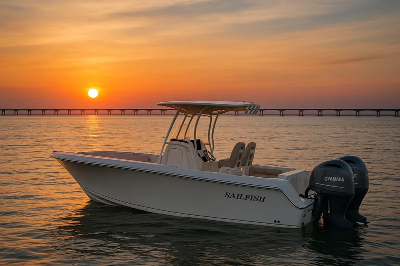 Slide: The Image of 2024 Sailfish 242 CC boat at sunset on calm waters, bridge in background. - 3