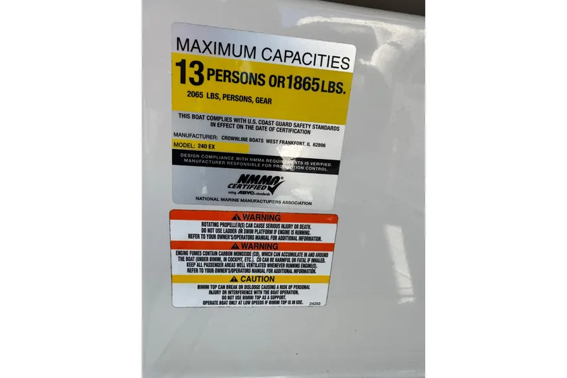 Slide: The Image of 2007 Crownline 240 EX capacity label, 13 persons or 1865 lbs, safety warnings included. - 30
