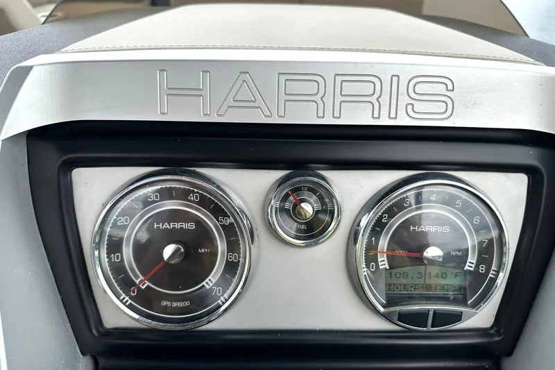 Slide: The Image of Dashboard of 2018 Harris Grand Mariner 250 with speedometer, fuel gauge, and RPM display. - 43