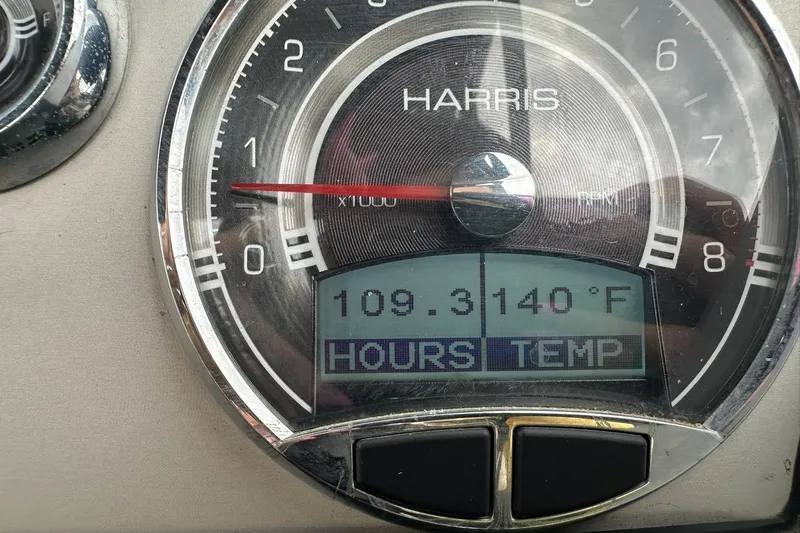 Slide: The Image of Close-up of a 2018 Harris Grand Mariner 250 temperature gauge reading 109.3°F. - 44