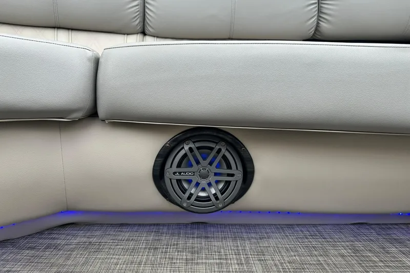 Slide: The Image of Speaker system on 2018 Harris Grand Mariner 250 boat with blue LED lighting. - 49