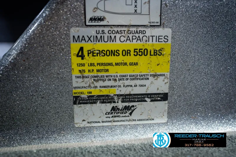 Slide: The Image of 2007 Ranger 188 VS boat capacity label, 4 persons or 550 lbs, 175 HP motor. - 66