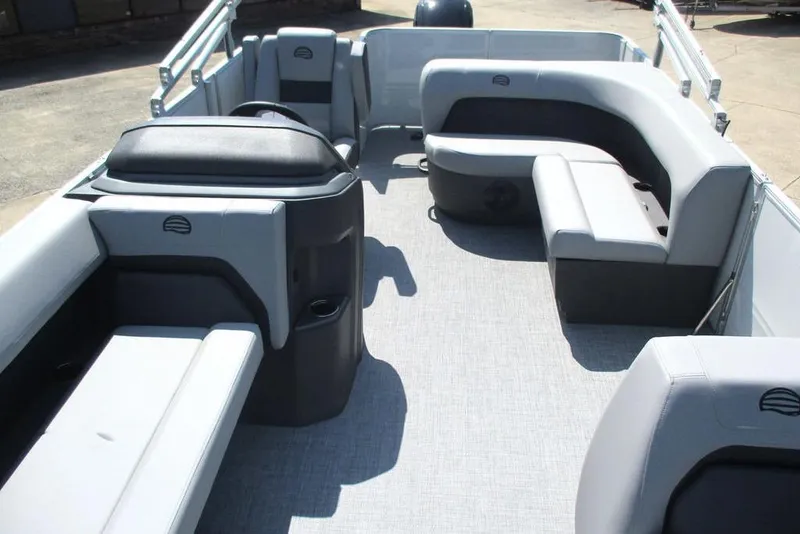 Slide: The Image of 2026 Sun Tracker Party Barge 18 DLX interior with spacious seating and modern design. - 10