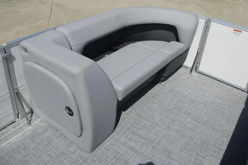 Slide: The Image of 2026 Sun Tracker Party Barge 18 DLX with gray seating and spacious deck. - 11