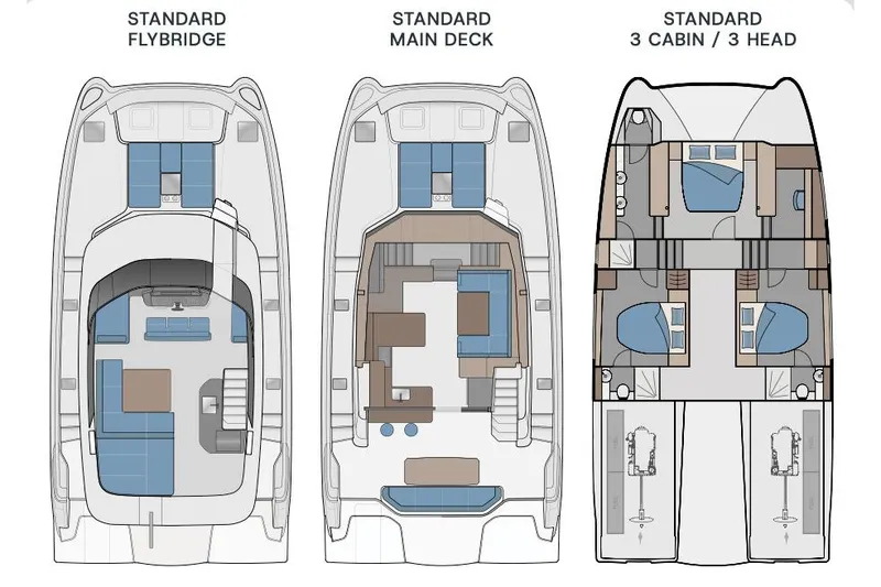 Slide: The Image of Manufacturer Provided Image: Aquila 46 Yacht 2025 layout: flybridge, main deck, and 3-cabin/3-head configuration. - 8