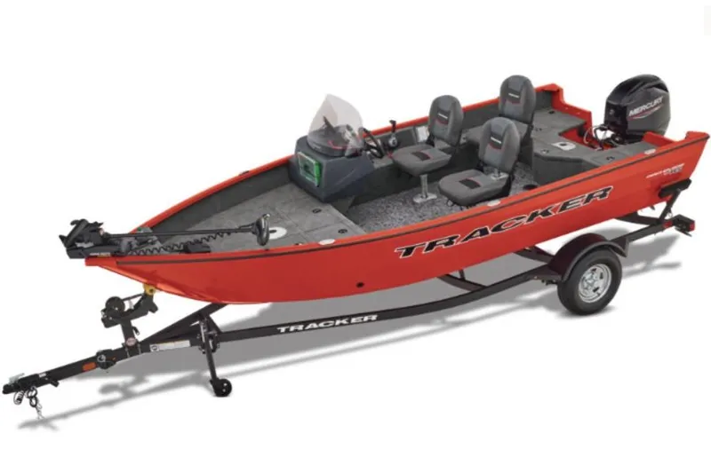 The Image of 2026 Tracker Pro Guide V-16 SC fishing boat on trailer, red exterior. - 1