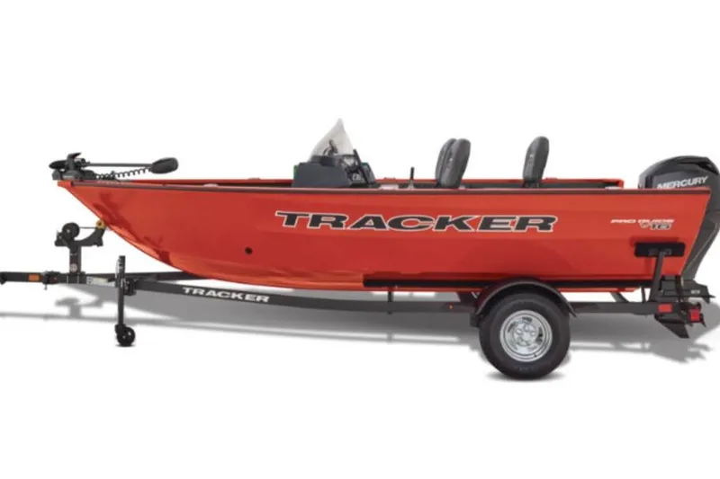 Slide: The Image of 2026 Tracker Pro Guide V-16 SC boat on trailer, side view, red color. - 3
