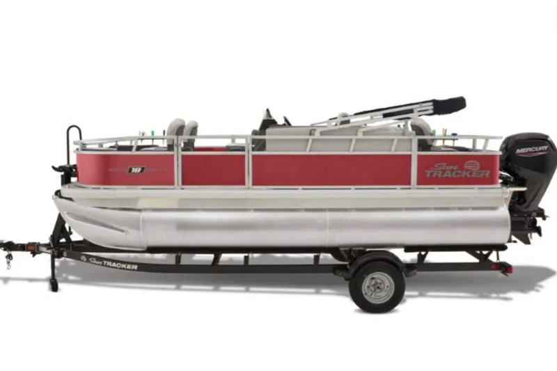 The Image of 2026 Sun Tracker Bass Buggy 18 DLX pontoon boat on trailer, side view. - 1