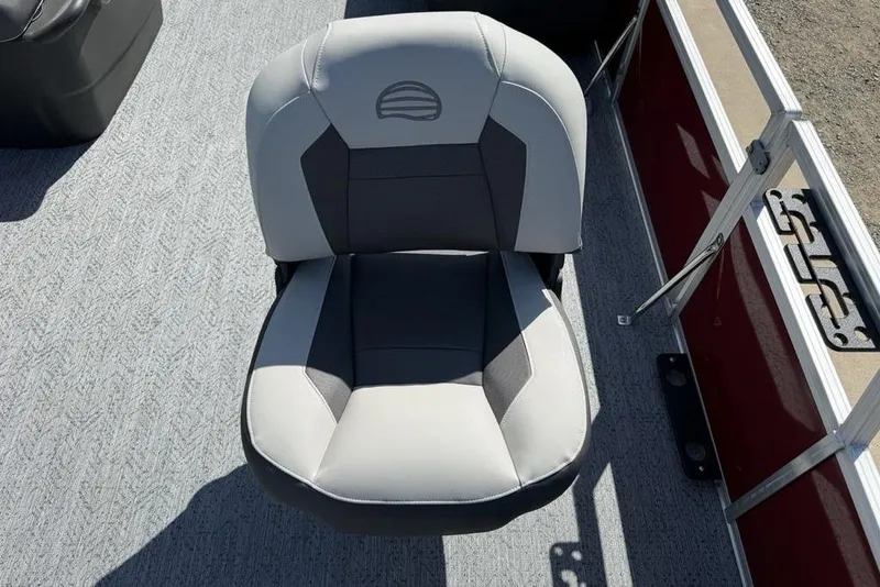 Slide: The Image of 2026 Sun Tracker Bass Buggy 18 DLX boat seat, gray and black upholstery, top view. - 8