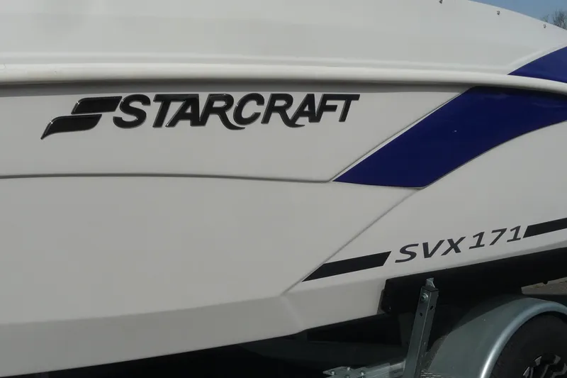 Slide: The Image of 2022 Starcraft SVX 171 OB boat side view with logo and model name. - 11