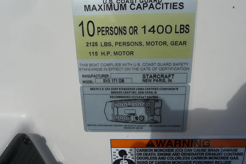 Slide: The Image of 2022 Starcraft SVX 171 OB capacity label: 10 persons, 1400 lbs, 115 HP motor. - 21