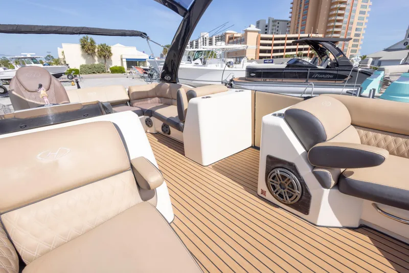 Slide: The Image of Luxurious 2016 Harris Crowne 250 boat interior with plush seating and modern design. - 37