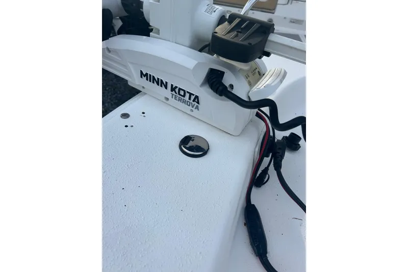 Slide: The Image of Minn Kota Terrova motor on 2011 Carolina Skiff 258 DLV boat deck. - 10