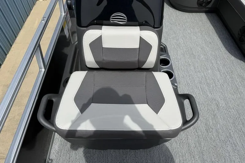 Slide: The Image of 2026 Sun Tracker Bass Buggy 16 XL Select boat seat with gray and white upholstery. - 13