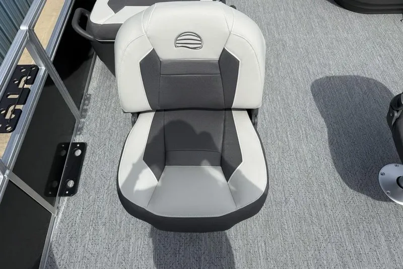 Slide: The Image of 2026 Sun Tracker Bass Buggy 16 XL Select boat seat, gray and white upholstery. - 15