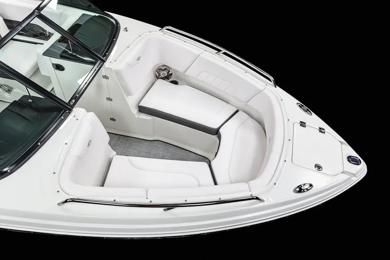 Slide: The Image of Interior seating of 2020 Chaparral 237 SSX boat, featuring white and gray upholstery. - 15
