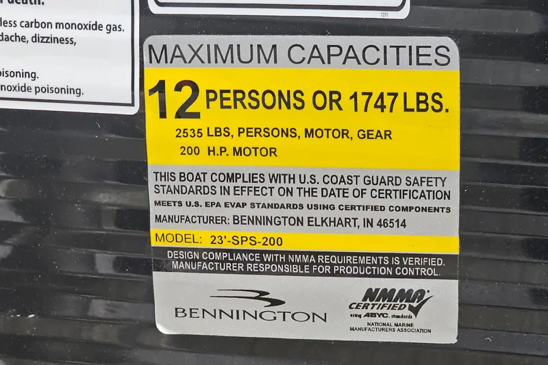 Slide: The Image of 2020 Bennington 23 R Swingback capacity label, 12 persons or 1747 lbs, 200 HP motor. - 21