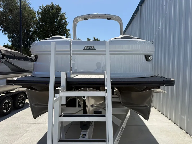 Slide: The Image of 2026 Avalon Carbon Series boat with 400HP Mercury V10, side view. - 3