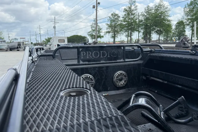 Slide: The Image of 2024 Prodigy 17 boat interior with textured surfaces and speaker system. - 11