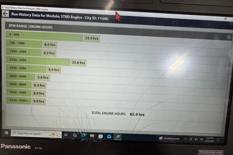 Slide: The Image of Engine run history data on Panasonic Toughbook for 2010 Chaparral 256 SSX, total hours: 85.9. - 13